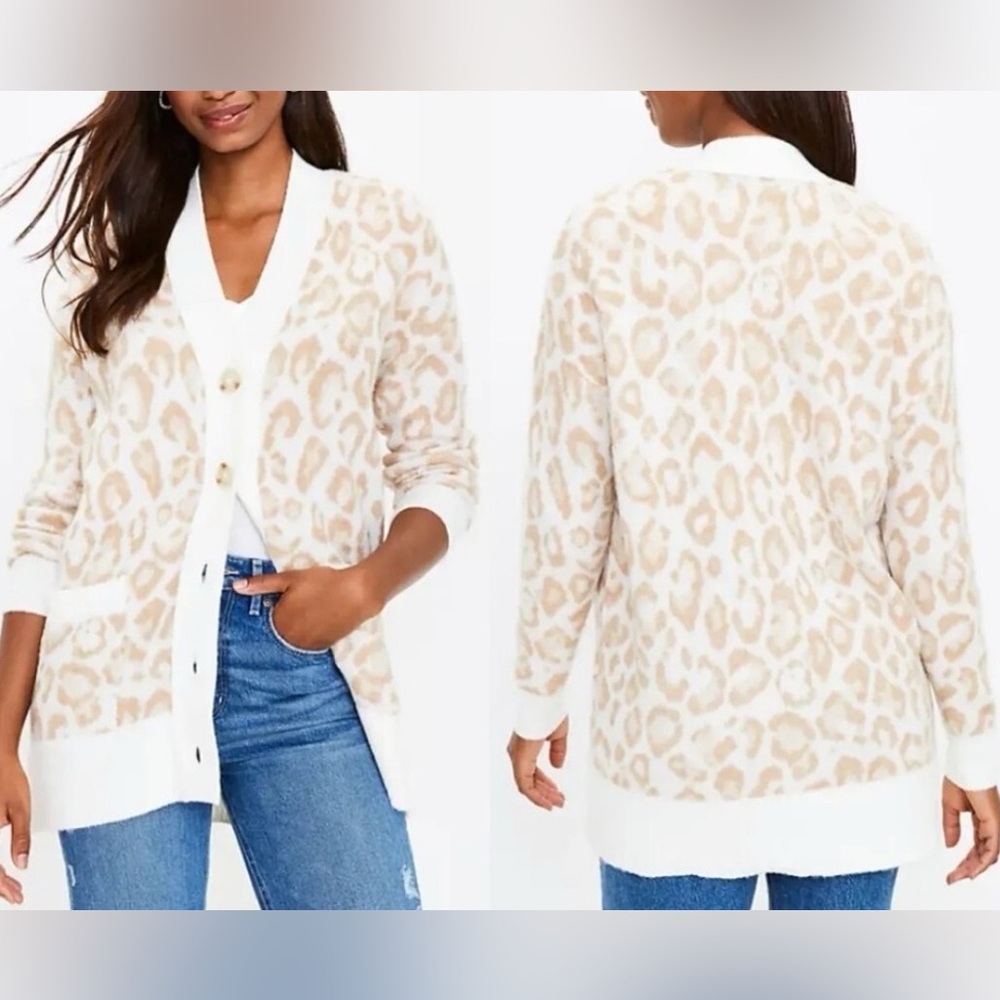 LOFT Tan/ Cream Animal/Leopard Print Button Front Boyfriend Fit Plush Cardigan M